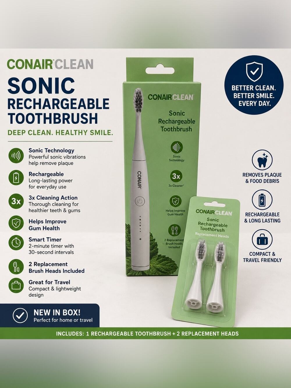 Conair Clean Sonic Rechargeable Toothbrush w/ 2 Replacement Heads NIB